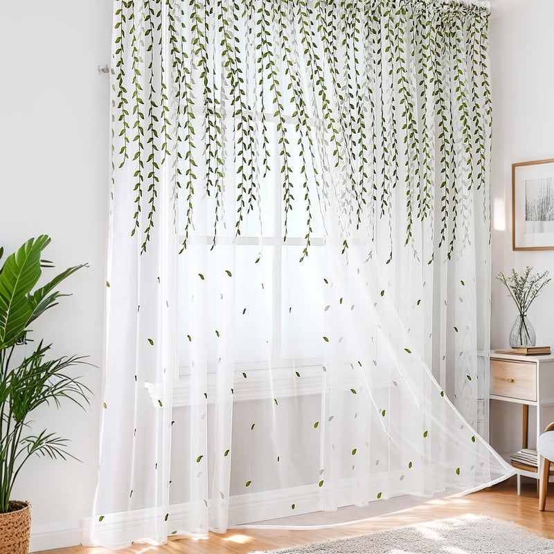 BROSHAN Green Embroidered Sheer Curtains 2 Panel Sets for Bedroom-Elegant White Sheer Curtains 75 inches Long with Leaf Design Rod Pocket Semi Transparent Curtain Drapes for Living Room Windows - Image 2